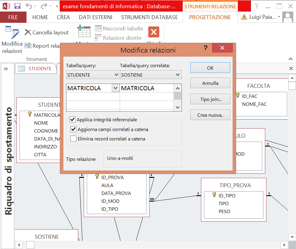 CREARE UNA RELAZIONE TRA TABELLE Nella scheda Strumenti Database, fare click su Relazioni Aggiungere le tabelle (dalla finestra Mostra tabella ).