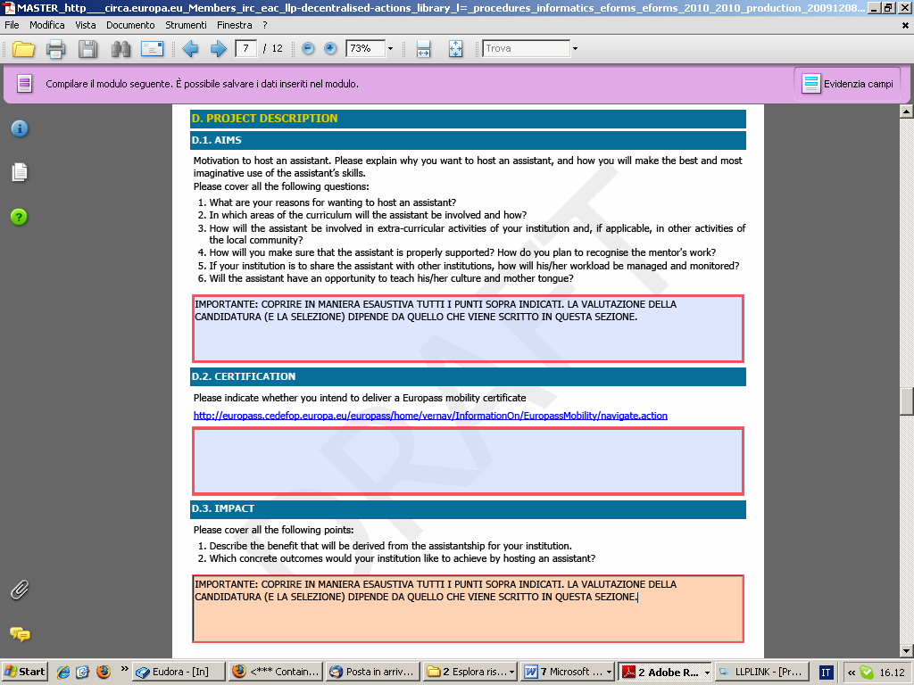 Sezione D Project Description Attenzione: Le sezione D.1 e D.