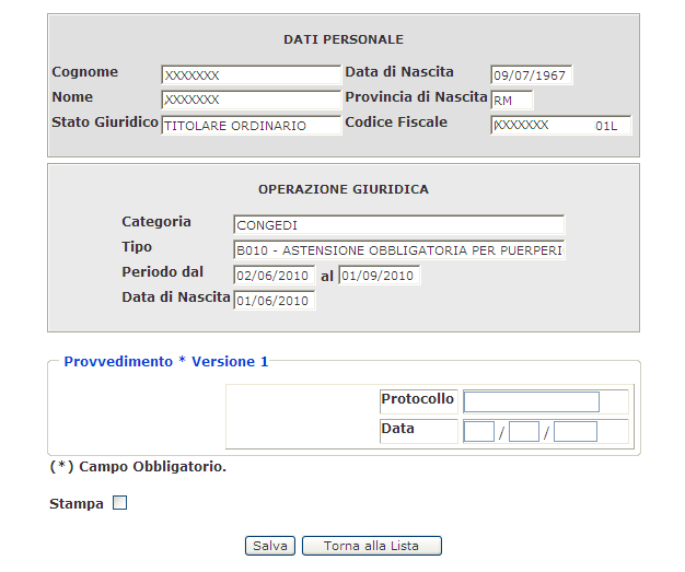 Gestione delle posizioni di Schermo ga13 per tutti i congedi escluso B010 e HH12: la data della comunicazione