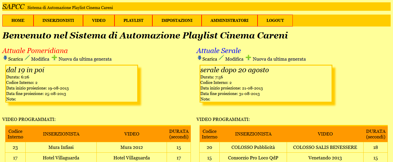 SAPCC Sistema di Automazione Playlist Cinema Careni Tutto il sistema pubblicitario si basa principalmente su: -> Archivio file su pc-proiezione sincronizzati su Google Drive -> Playlist gestite via