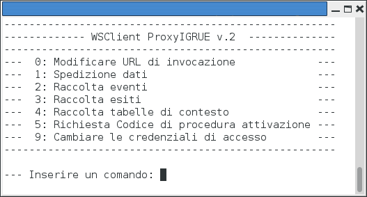 4.2.1Modificare URL di invocazione Con questo comando e' possibile modificare la URL invocata dal client. 4.2.2Spedizione dati Questa operazione ci permette di inviare i dati di attuazione al sistema che provvederà ad inserirlo nel file system con un identificativo univoco.