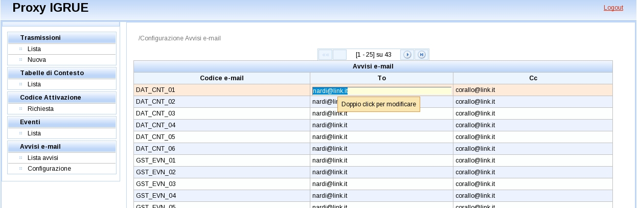 Ogni avviso, oltre all'oggetto, la data di inoltro e i destinatari del messaggio, consente di visualizzarne il contenuto selezionando la lente d'ingrandimento: 4.3.