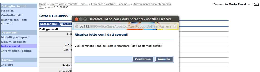 6.1.3 Modificare un lotto esistente Cliccando sul CIG dalla lista (vedi figura precedente) è possibile accedere alla scheda con i dati di dettaglio del lotto dell appalto.