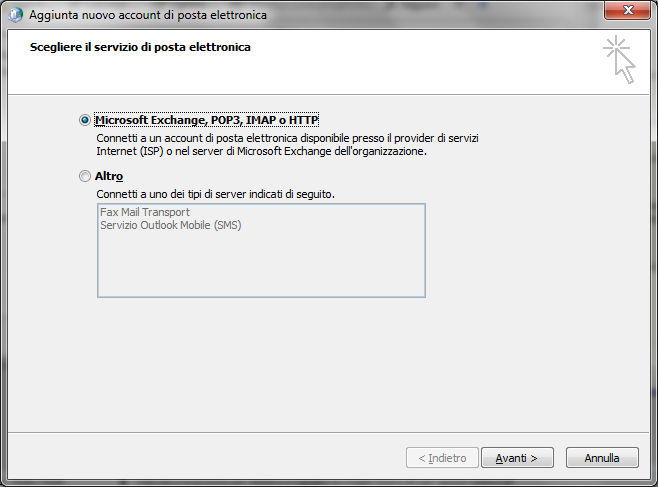 13 per Outlook 2007 selezionare Microsoft Exchange, POP3, IMAP o HTTP quindi fare clic sul pulsante Avanti.