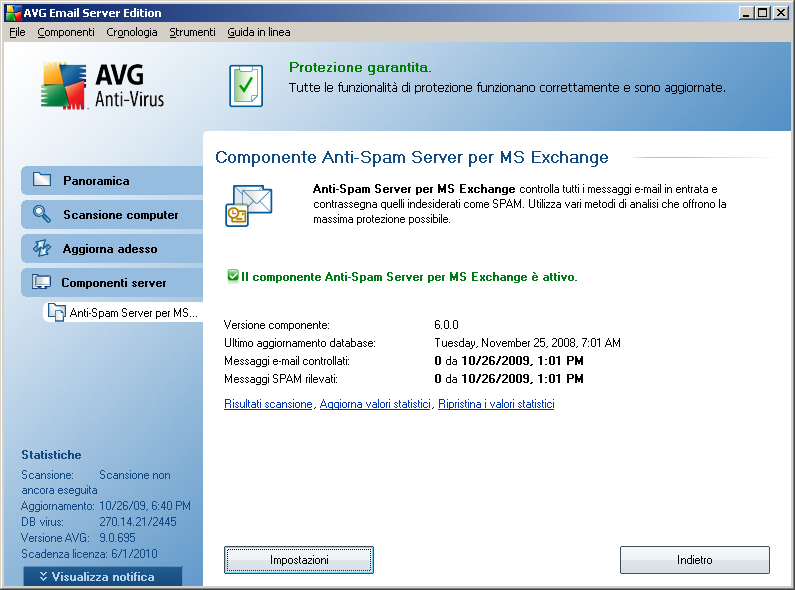 7. Configurazione Anti-Spam 7.1. Interfaccia Anti-Spam La finestra di dialogo del componente server Anti-Spam è disponibile nella sezione Componenti server (menu a sinistra).