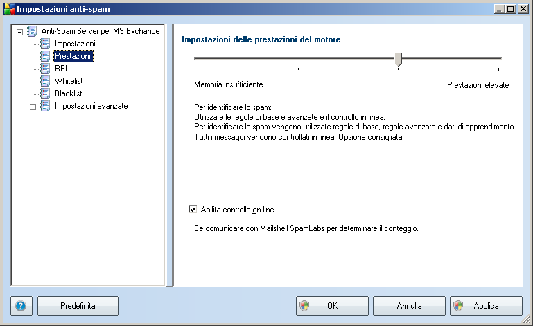 7.4. Prestazioni La finestra di dialogo Impostazioni delle prestazioni del motore (accessibile dalla voce Prestazioni del menu di esplorazione visualizzato a sinistra ) offre le impostazioni delle