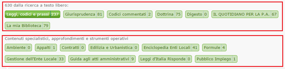 I risultati nei singoli tab I risultati della ricerca sono suddivisi per tab, ciascuno identificativo di un archivio specifico con l indicazione del numero di documenti trovato.