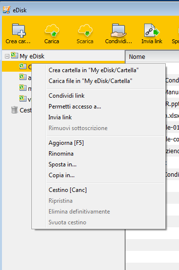 Cliccando con il tasto destro sul file o cartella compare un menù a tendina dove potrete effettuare una serie di azioni: A questo punto potete creare delle cartelle dove caricare dei file in modo