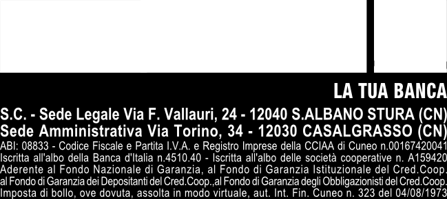 FOGLIO INFORMATIVO relativo a: INFORMAZIONI SULLA BANCA APERTURA DI CREDITO IN CONTO CORRENTE BANCA DI CREDITO COOPERATIVO DI CASALGRASSO E SANT'ALBANO STURA - SOCIETA' COOPERATIVA VIA VALLAURI