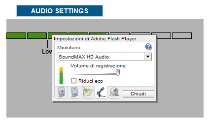 Cliccando sulla voce audio settings sarà possibile effettuare la regolazione del volume di registrazione.