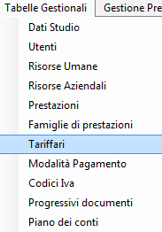 Gestione mandati Per la funzionalità specifica far riferimento al manuale utente 7) Inserimento tariffari di studio Tabelle gestionali -> Tariffari.