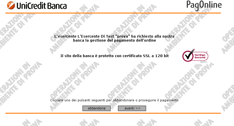 Selezionando il pulsante Vai al pagamento, il sistema si collega in