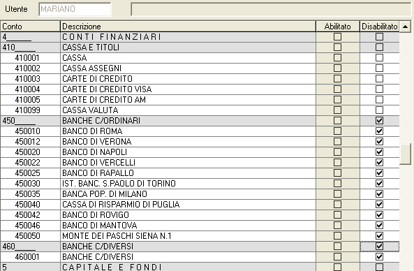 - 10 - Manuale di Aggiornamento Abilitato: selezionare i conti da abilitare Disabilitato: selezionare i conti da disabilitare.