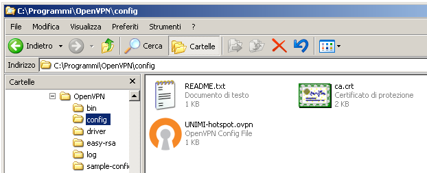 14. copiare il file del certificato (ca.crt) e il file di configurazione con estensione.ovpn opportuno alla propria tipologia di utenza (file UNIMI-hotspot.