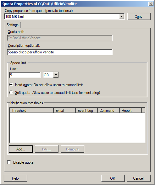 Da «Define custom quota properites» è possibile copiare le impostazioni da un template e poi modificarle.