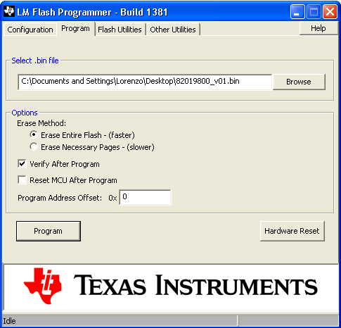 Figura 12. Quindi nel tab Program selezionare il file del BootLoader (82019800_boot_v01.