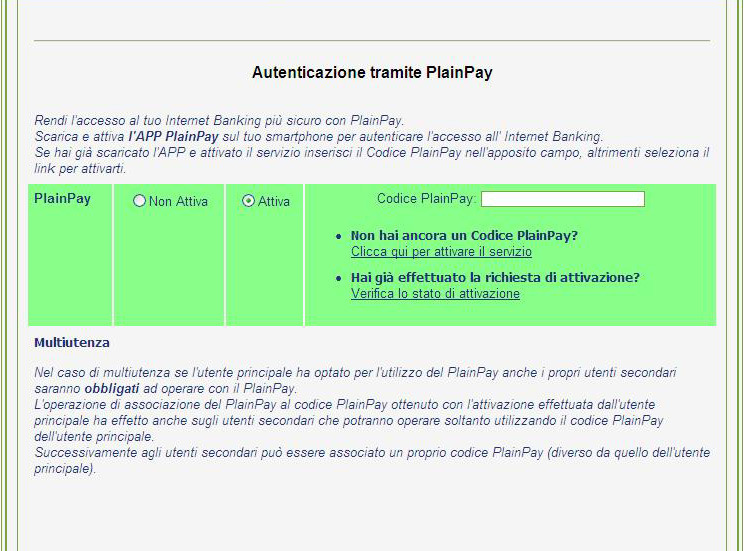 Come completare il processo di attivazione del servizio di autenticazione PlainPay?