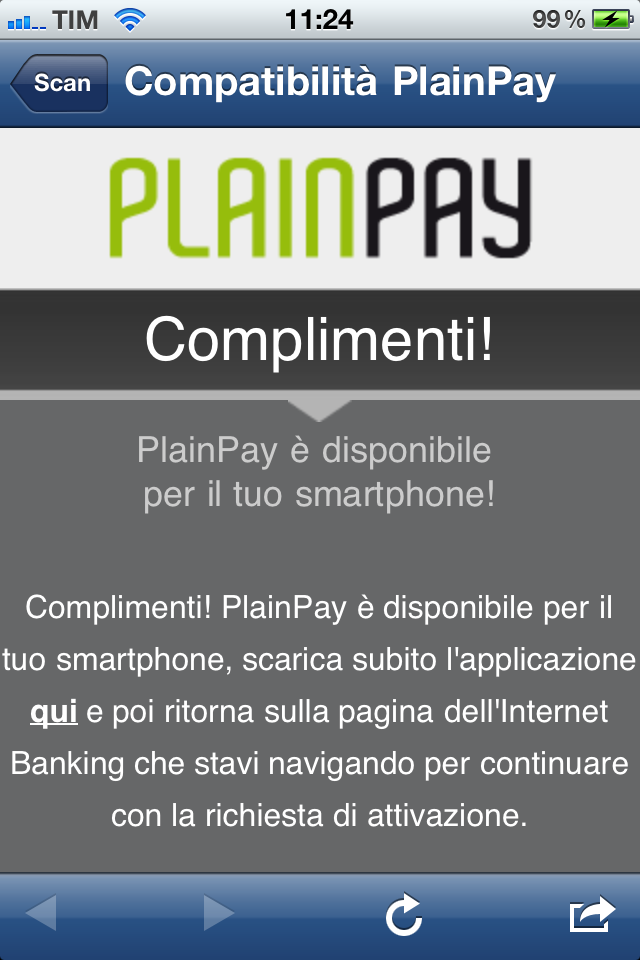 Se il tuo smartphone supporta PlainPay, viene visualizzata sul tuo smartphone una pagina rappresentata