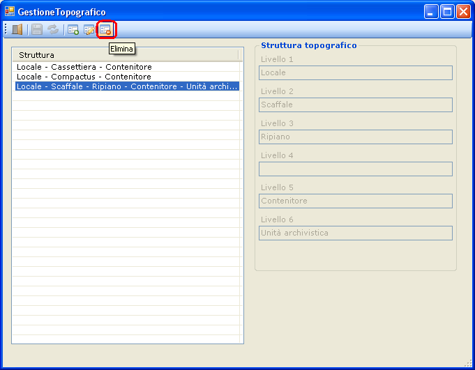 Cancellazione di un topografico Per eliminare un modello topografico occorre selezionare il modello di interesse dalla lista visualizzata e premere il tasto Elimina.