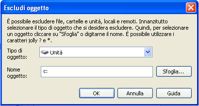 e cliccare su Applica e su Si. Cliccare sulla scheda Esclusioni, cliccare sul bottone Aggiungi ed inserire il disco di sistema c: e cliccare su Ok.