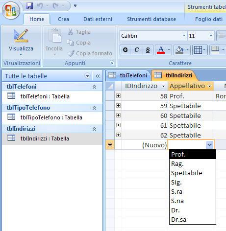 46. Aprire la tabella tblindirizzi e ripetere il processo precedentemente descritto per il campo Appellativo.