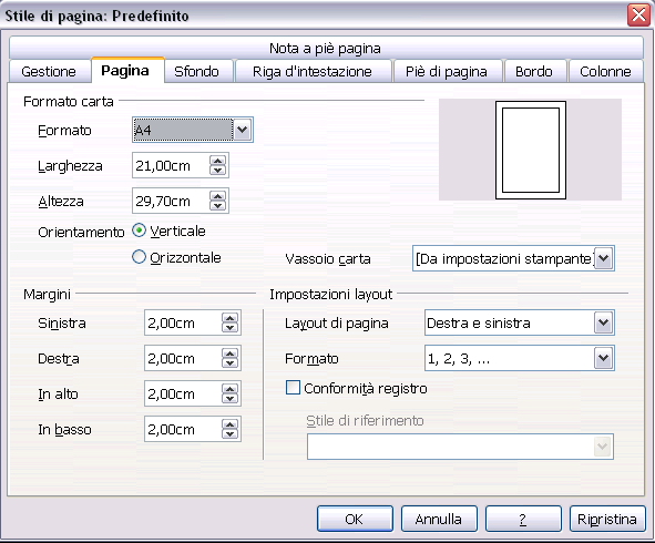Formattare le pagine Puoi impostare il layout della pagina selezionando Formato Pagina dalla barra dei menù. Comparirà la finestra riportata nella figura a destra.