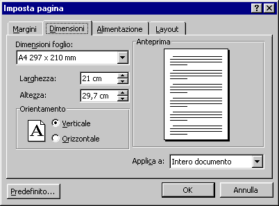 Imposta Pagina Passiamo alla scheda Dimensioni, dove