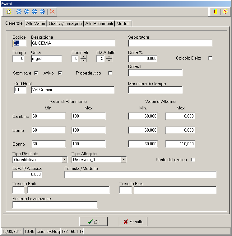 Tabelle di Base Esami Valori di allarme distinti dai valori di riferimento Impostazione del Delta Check Soglia età adulto distinta per esame Computer Host (Service) per