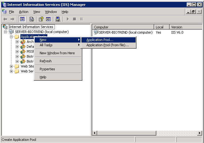 3. Creare una nuova Virtual Directory biotrends (in IIS7.0 si può creare direttamente nuova applicazione) che punti al local path C:\inetpub\wwwroot\biotrends.