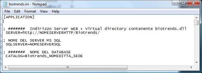 2.1.4 File di parametrizzazione Biotrends.ini Dal FileServer Accedere al folder <DRIVE>:\Biotrends\ Aprire in Notepad o in qualsiasi editor di Testo, il File Biotrends.ini 1.