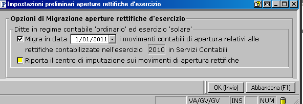 Migrazione Valori contabili - Solo saldi finali - Impostazioni preliminari Rettifiche (apertura per