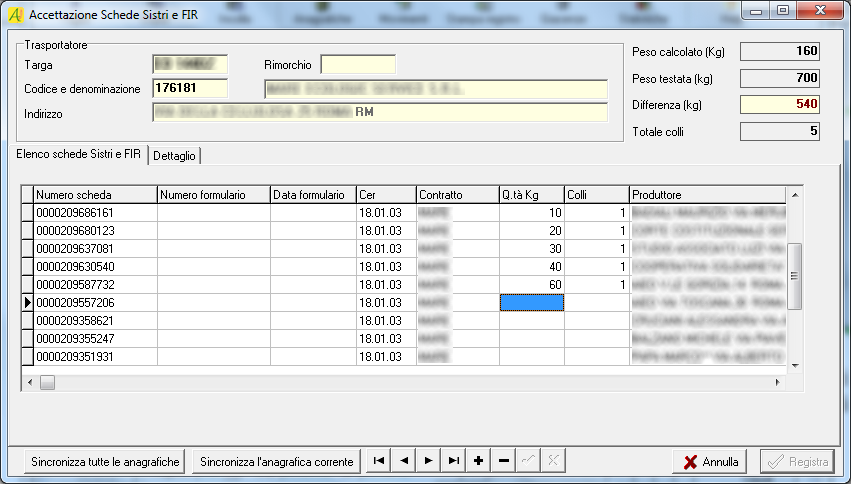 2.4 Finestra di accettazione La finestra di accettazione di schede e FIR viene popolata automaticamente dal programma con i dati di numero scheda, Cer, contratto (per la fatturazione) e produttore.