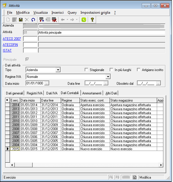 8 4 IMPOSTARE L ESERCIZIO DAL PUNTO DI VISTA CONTABILE (indipendentemente se l azienda gestisce la contabilità/magazzino) Nella sezione Dati Contabili inserire una riga compilando i campi data inizio