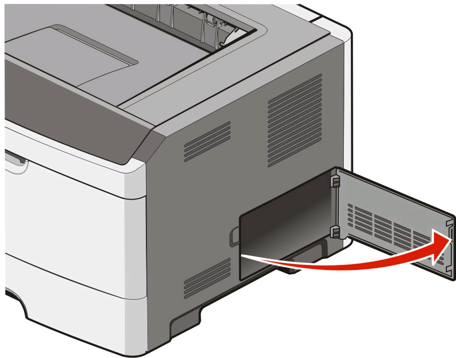 Installazione delle opzioni interne Accesso alla scheda di sistema per l'installazione delle opzioni interne ATTENZIONE PERICOLO DI SCOSSA: quando si accede alla scheda di sistema, spegnere la