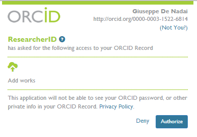 Inoltre, quando si sincronizza il profilo ResearcherID con il profilo ORCID, inviando da ResearcherID a ORCID i