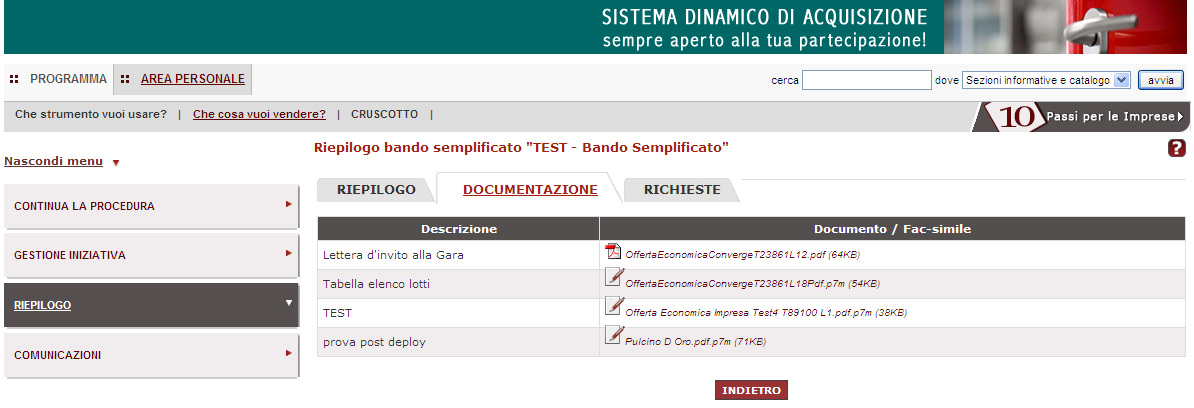 Consultazione della documentazione di gara Lettera di invito Tabella elenco lotti Comunicazione data e ora seduta pubblica telematica Nella Comunicazione data