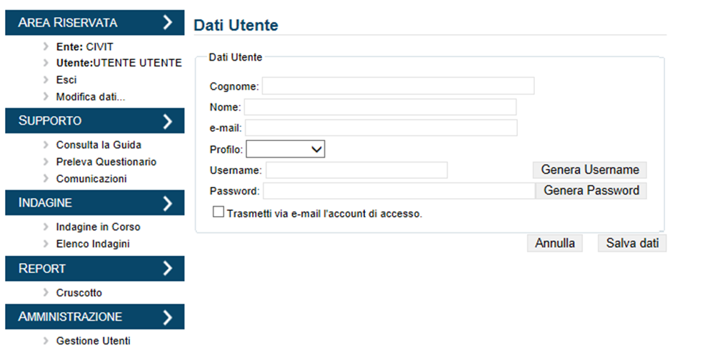 Figura 21 - Inserimento di un nuovo utente In fase di inserimento di un nuovo utente, bisogna tener presente che se all utente viene associato un profilo di tipo Data Entry, questo avrà accesso a un
