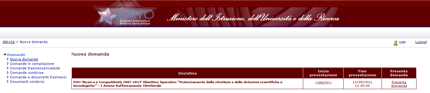 Dopo aver effettuato il login viene visualizzata questa pagina, in cui si dovrà selezionare la voce Domande P.