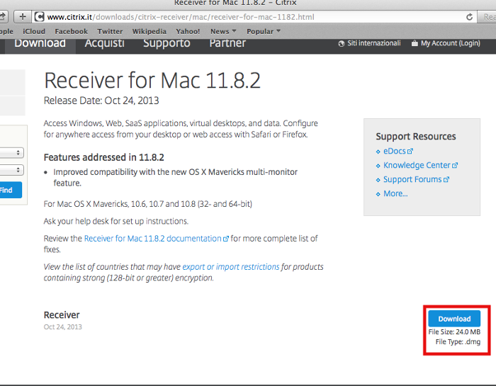2.3 Mac OsX. Collegatevi alla pagina dei download www.citrix.it/downloads/citrix-receiver/ mac 2. Cliccare su Receiver for MAC Receiver for MAC xx.
