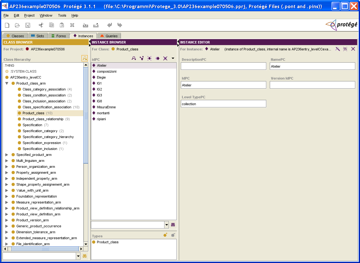 Figura 4.1.2 Istanziazione del modello dati con l esempio utilizzato con ACCESS in Protégé 3.