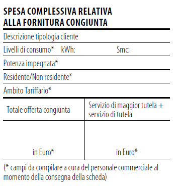 Come compilare la scheda di confrontabilità Indica il consumo annuale in kwh e Smc, in base alla tua selezione effettuata nella prima colonna delle tabelle, ad es. 3500 kwh e 1400 Smc.