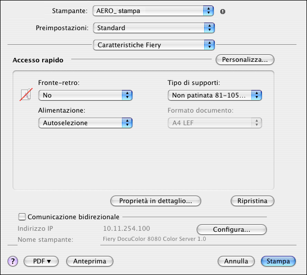 STAMPA DA MAC OS X 30 7 Selezionare Caratteristiche Fiery dall elenco a discesa.