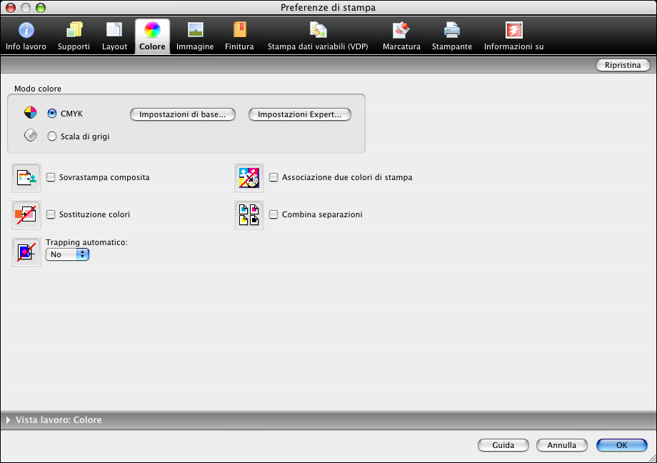 STAMPA DA MAC OS X 32 15 Fare clic sull icona Colore e specificare le opzioni relative al profilo colore del lavoro di stampa. Nell area Modo colore, selezionare un modo colore per il lavoro.