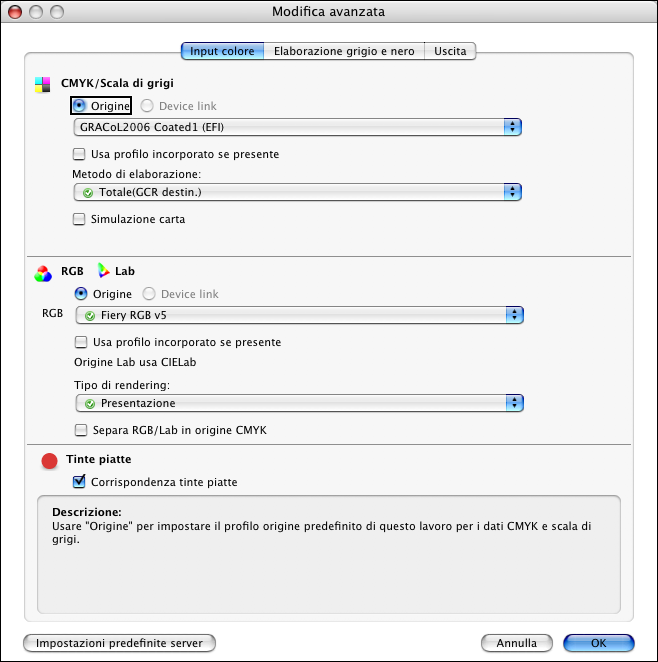 STAMPA DA MAC OS X 34 17 Per modificare le funzioni avanzate di gestione del colore, come RGB/Lab Tipo di rendering, fare clic su Impostazioni Expert.