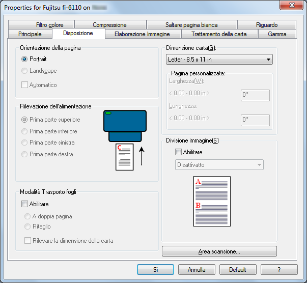 Capitolo 3 di Scheda [Principale] Scheda [Disposizione] di È possibile configurare impostazioni come il lato da scandire, il colore (colore, scala di grigi e bianco e nero), la risoluzione, la