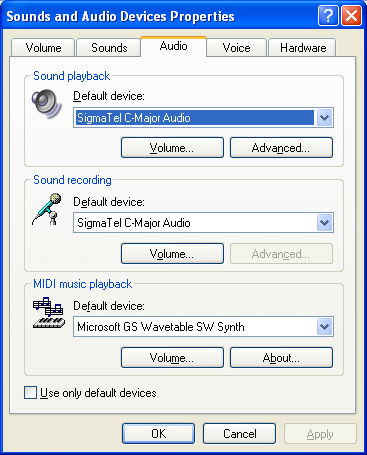 Configurazione audio PC per Windows XP (per arrivare a questa schermata: Start > Pannello di controllo> Suoni e periferiche audio) Impostazione predefinita: tutti i suoni e l'audio PC vengono