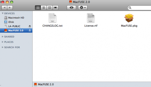 5. Una volta scaricato, fare doppio clic sul file.pkg MacFUSE. 6. Seguire il programma di installazione MacFUSE fino al completamento.