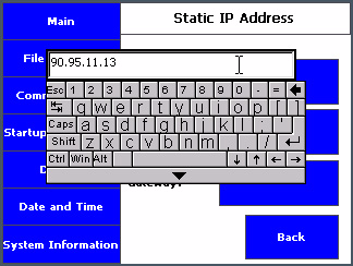 Capitolo 2 Modalità di configurazione 4. Fare clic sull area accanto a IP Address per inserire un indirizzo IP nel campo Static IP address. Viene visualizzata una tastiera per digitare l indirizzo. 5.