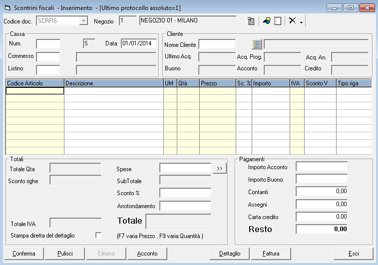 52 Manuale Operativo 7.1 Inserimento di scontrino La maschera al momento dell apertura viene predisposta alla fase di inserimento in quanto è l attività prevalentemente utilizzata dall utente. 7.1.1 Testata Il codice ed il nome del negozio definiti nel file di configurazione vengono visualizzati nella testata della maschera.