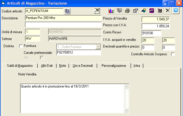 riporta le Note vendita precedentemente inserite nel relativo campo negli Articoli di magazzino.